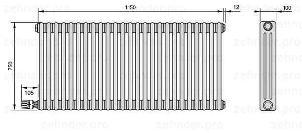 Схема (чертеж) Радиатор Zehnder Charleston 3075/25 №V003 Белый глянцевый RAL 9016